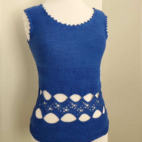 Vintage knit crochet top blue cotton cutout tank scoop neck sleeveless boho S M - Picture 4 of 16